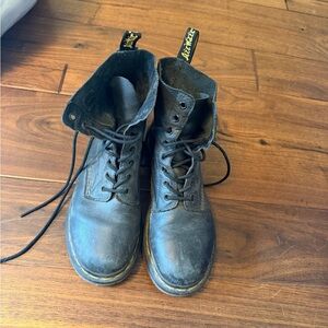 Dr. Martens Black Leather Lace-Up Combat Boots with Yellow Stitching